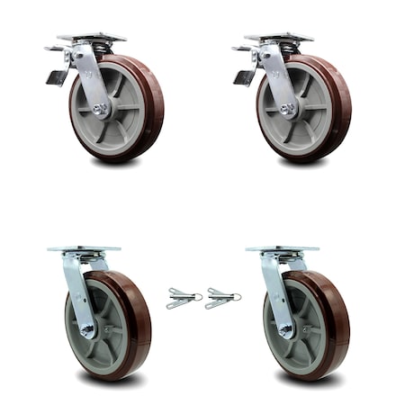 Service Caster 8 Inch Polyurethane Caster Set with Ball Bearings 2 Brakes 2 Swivel Locks SCC SCC-TTL30S820-PPUB-2-BSL-2